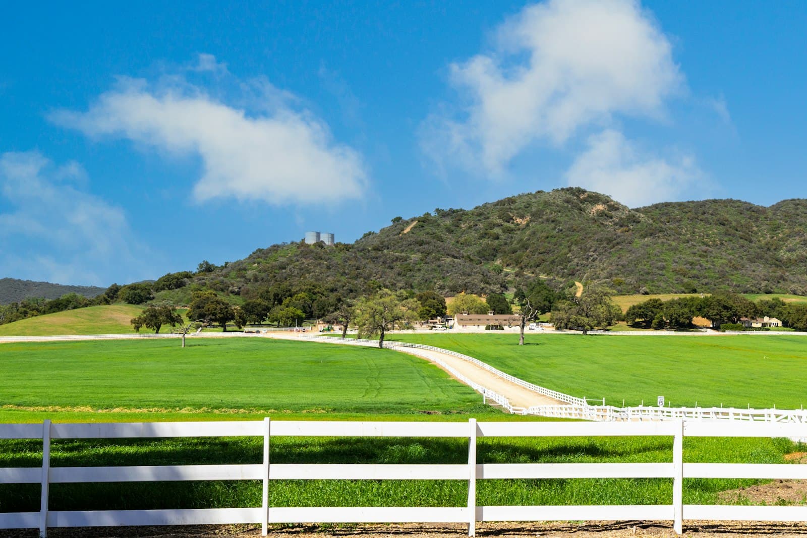 A ranch estate behind a white fence and green pasture, with oak-covered hills rising behind it on the San Francisco Peninsula.